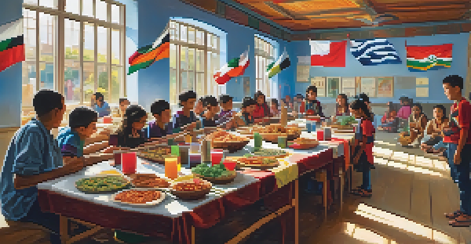 A lively school scene with students from various cultures sharing food and performing traditional dances, surrounded by flags and colorful artwork.
