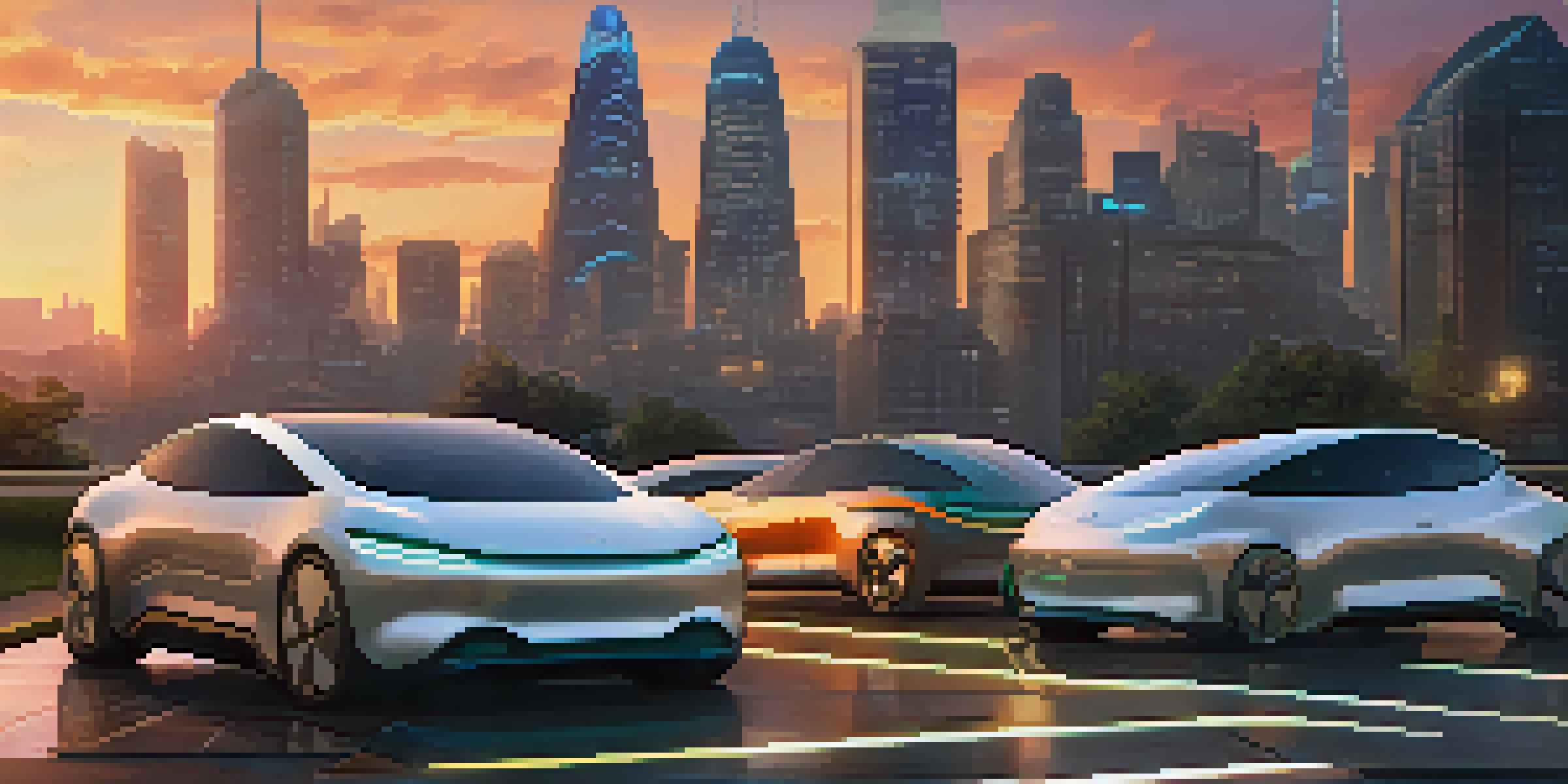 A futuristic electric vehicle charging station with a city skyline at dusk, showcasing electric cars and glowing lights.