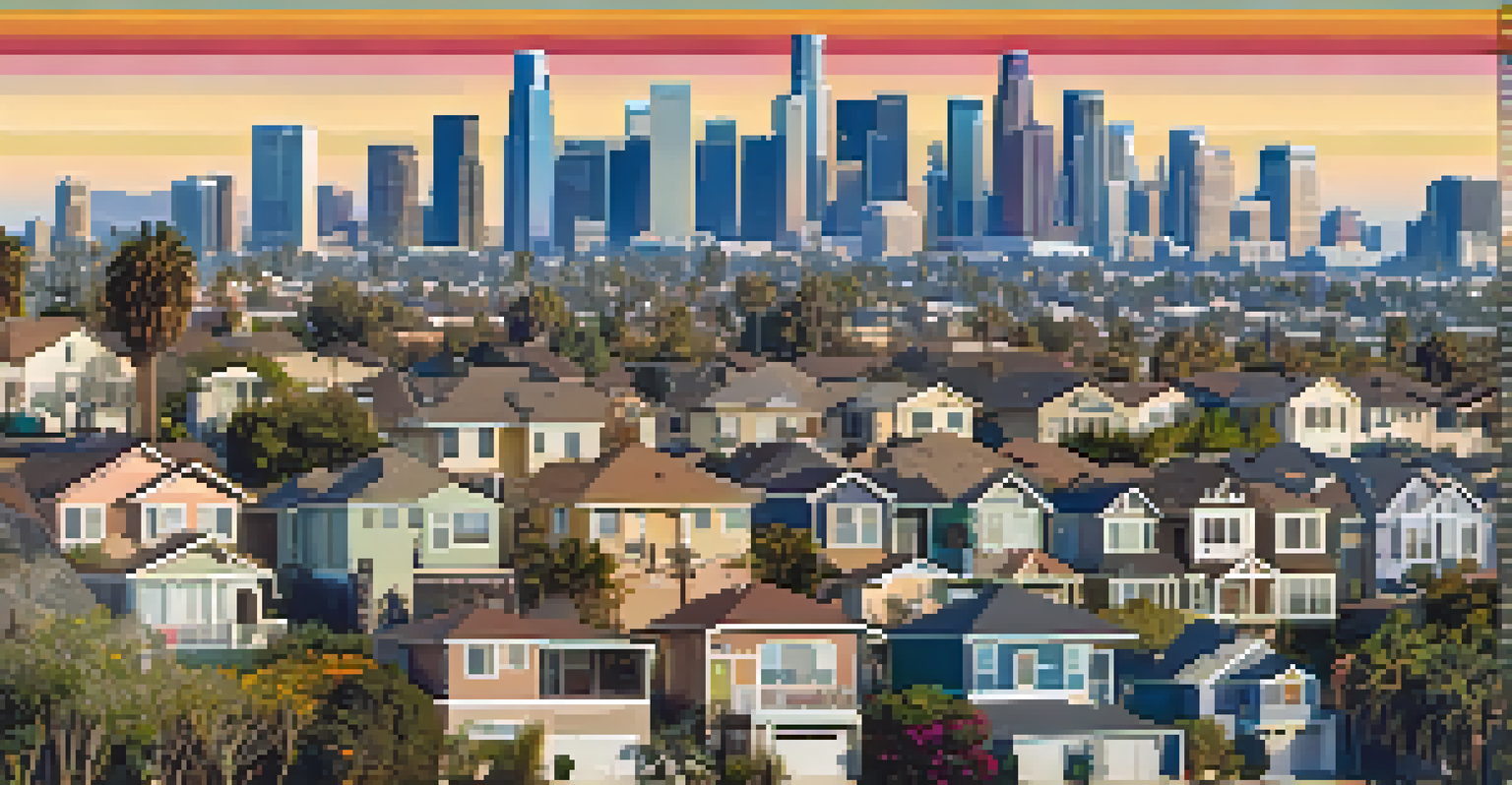 An infographic illustrating trends in the Los Angeles housing market with graphs and various neighborhood images in the background.