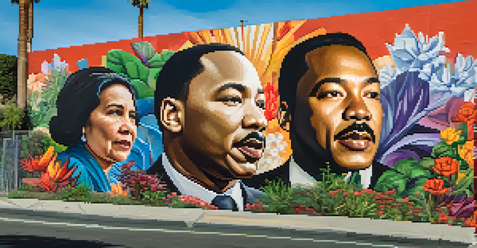 A colorful mural in Los Angeles showcasing civil rights leaders, surrounded by greenery, celebrating their contributions to the movement.
