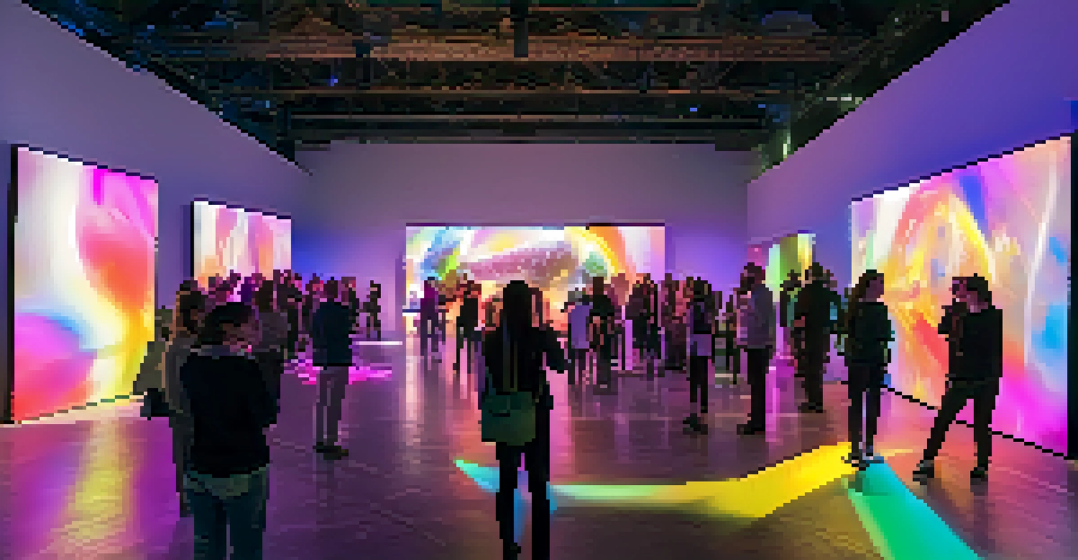 An art gallery filled with interactive installations and musicians performing live.