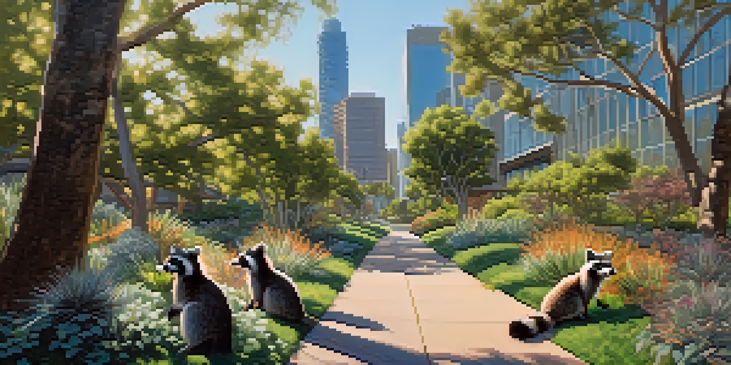 A family of raccoons exploring a vibrant wildlife corridor with native plants, connecting two parks in a city.
