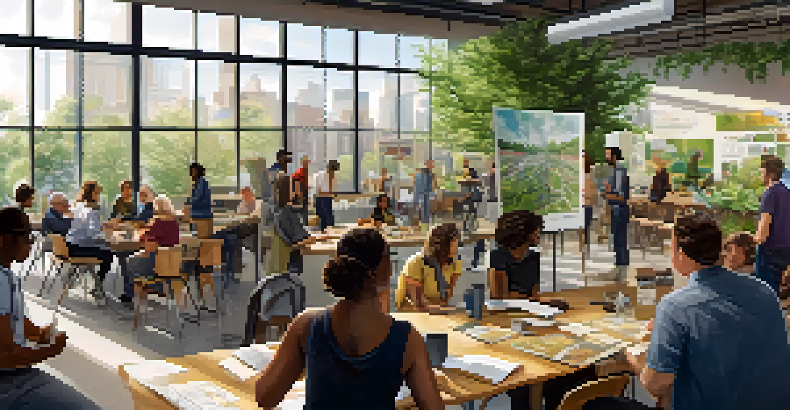 A community workshop with residents discussing sustainable transportation solutions in a bright, open space filled with posters and plants.