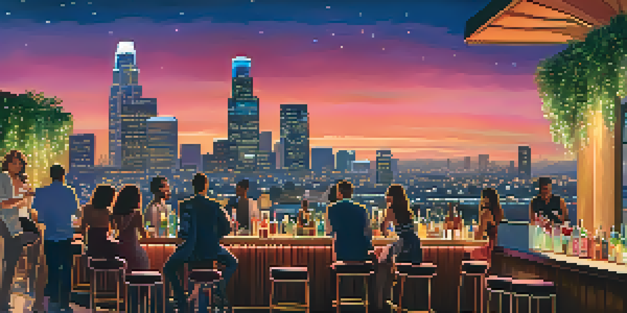 A bustling rooftop bar in Downtown LA at sunset, filled with people enjoying drinks against a backdrop of a shimmering city skyline.