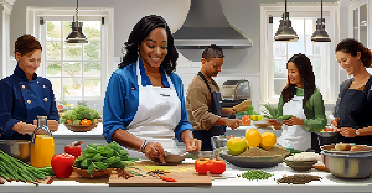 A nutrition workshop in a kitchen where participants are learning to cook healthy meals, with fresh ingredients on the table.