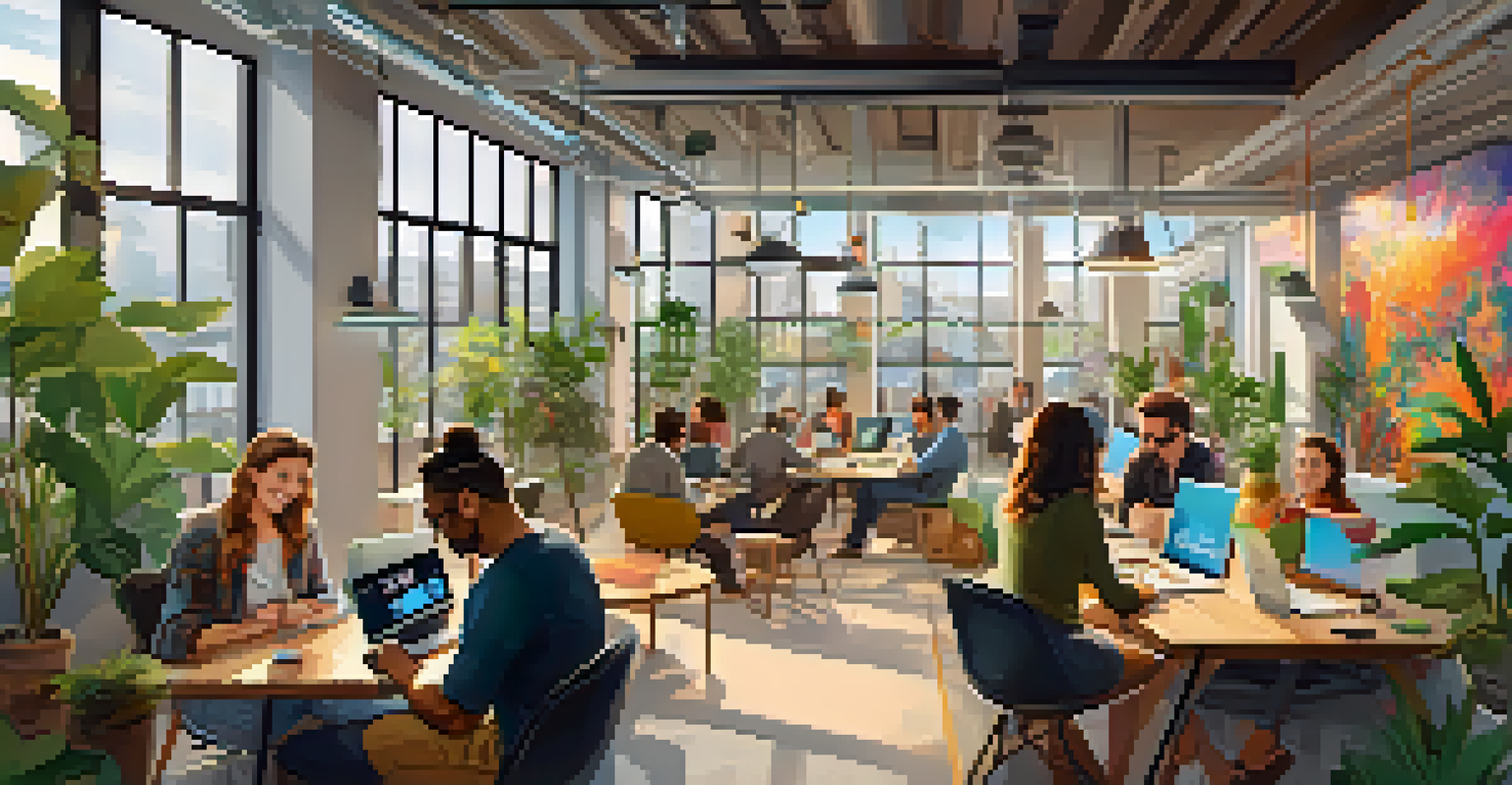 A lively co-working space where diverse individuals work together, with plants and artwork creating a creative environment.