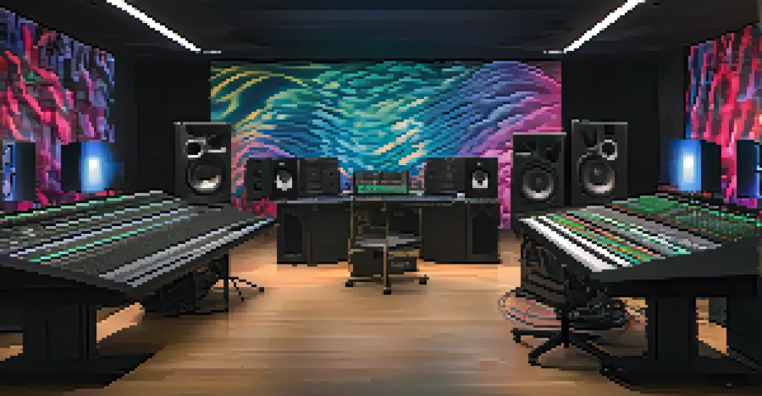 A sound design studio with audio equipment, a sound designer adjusting levels, and colorful sound wave visuals on the walls.