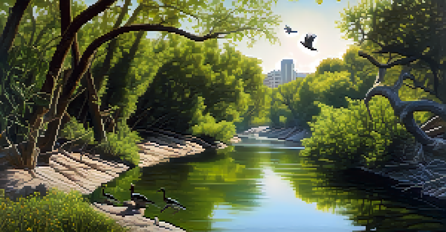The revitalized banks of the Los Angeles River with restored natural habitats, showcasing birds and fish in a serene landscape under bright sunlight.
