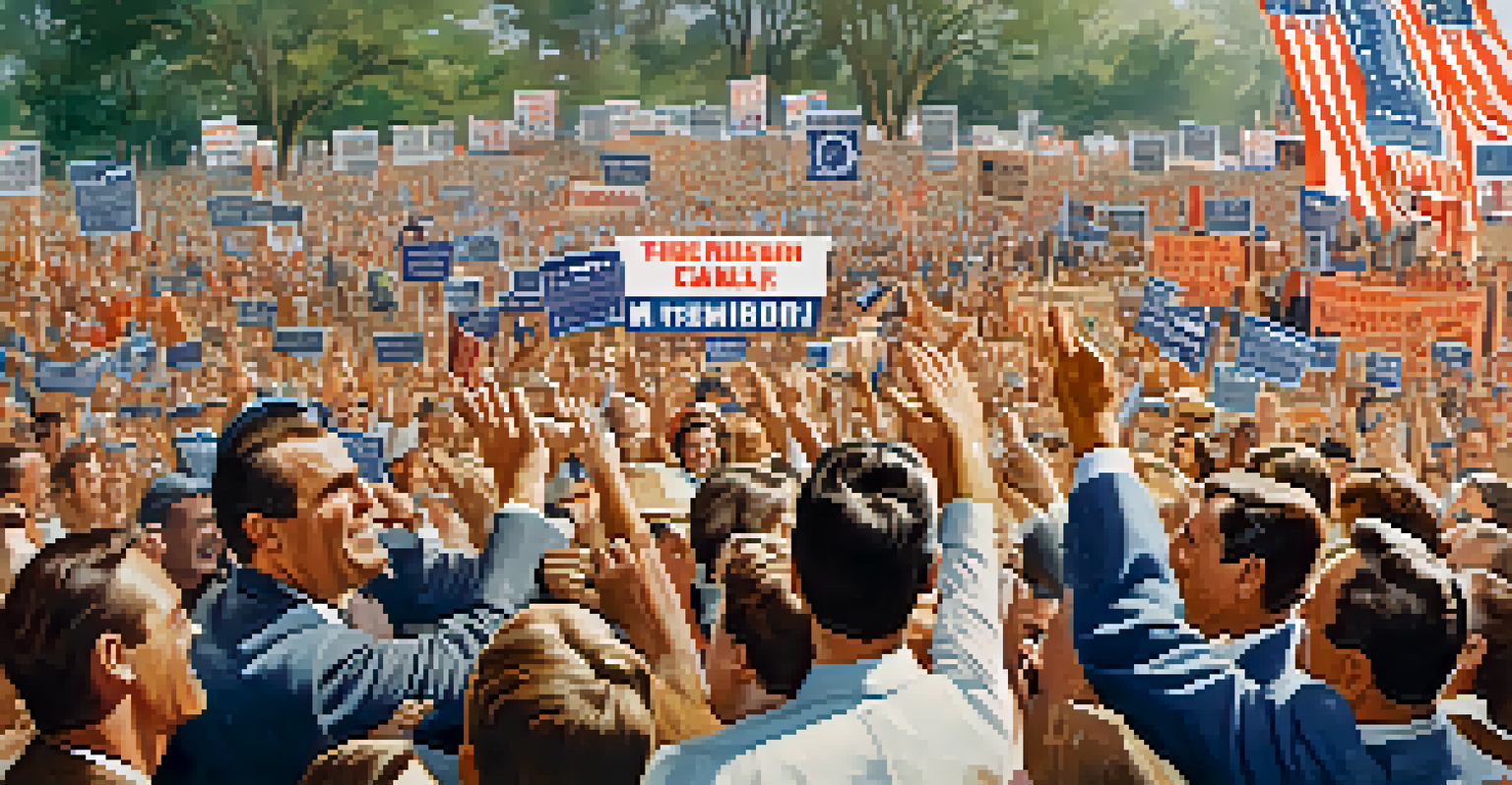 Nixon surrounded by supporters at a campaign rally in 1968, with signs and posters, displaying a lively political atmosphere.