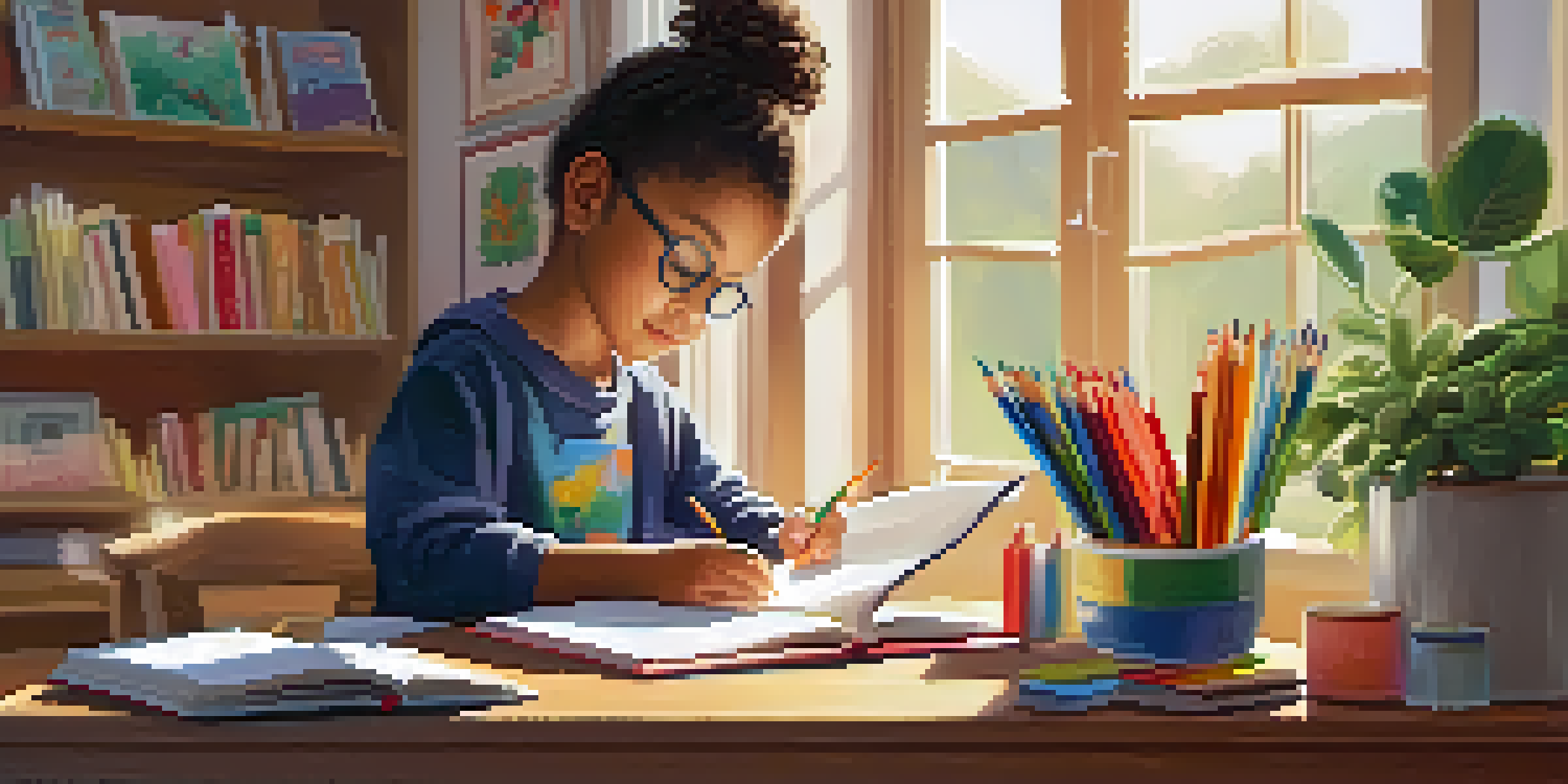 A warm homeschooling setting with a child reading at a wooden table, surrounded by books and art supplies, illuminated by soft morning light.