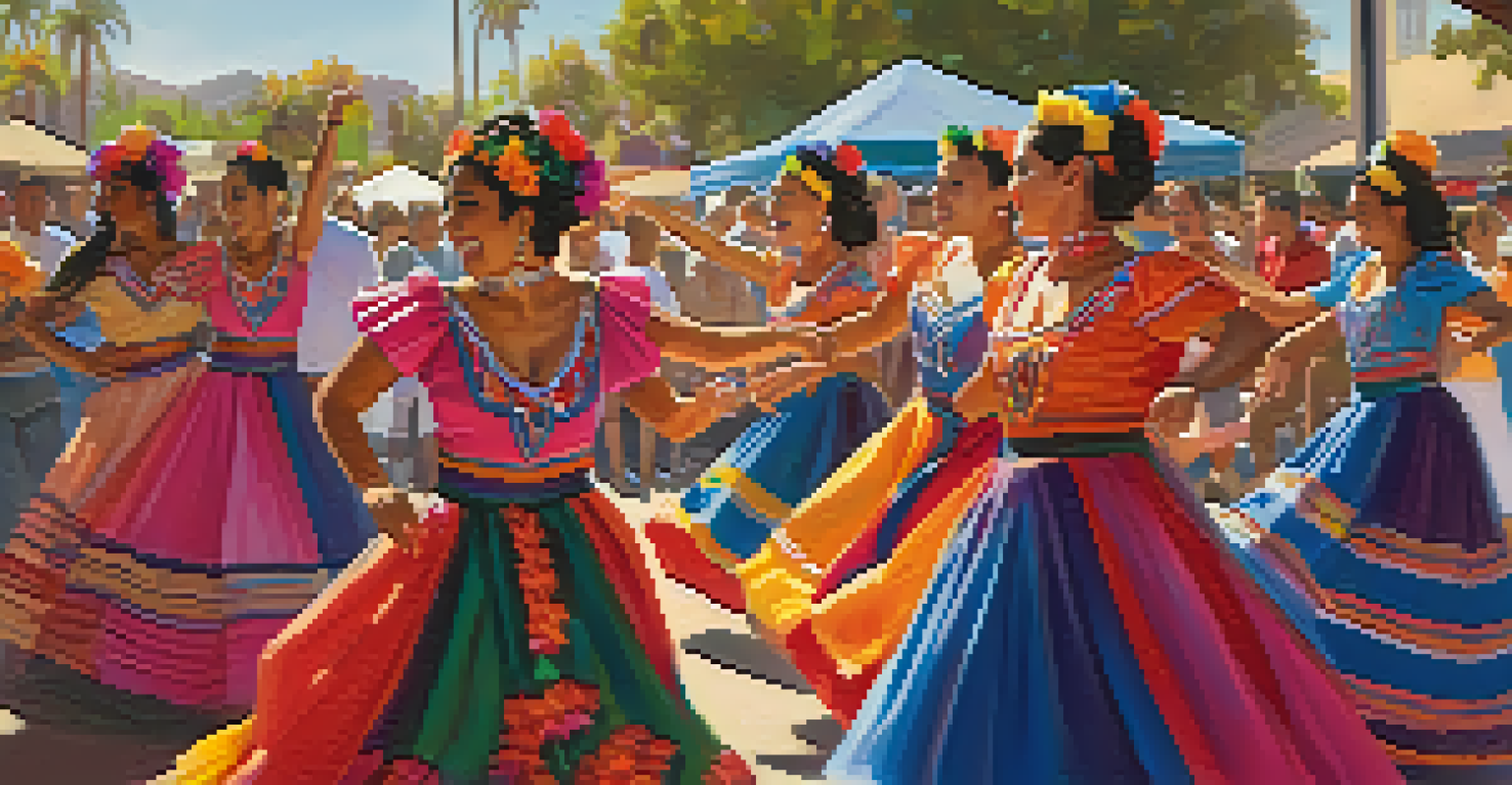 Dancers in colorful costumes performing at a community festival, with an enthusiastic audience and festive decorations in the background.