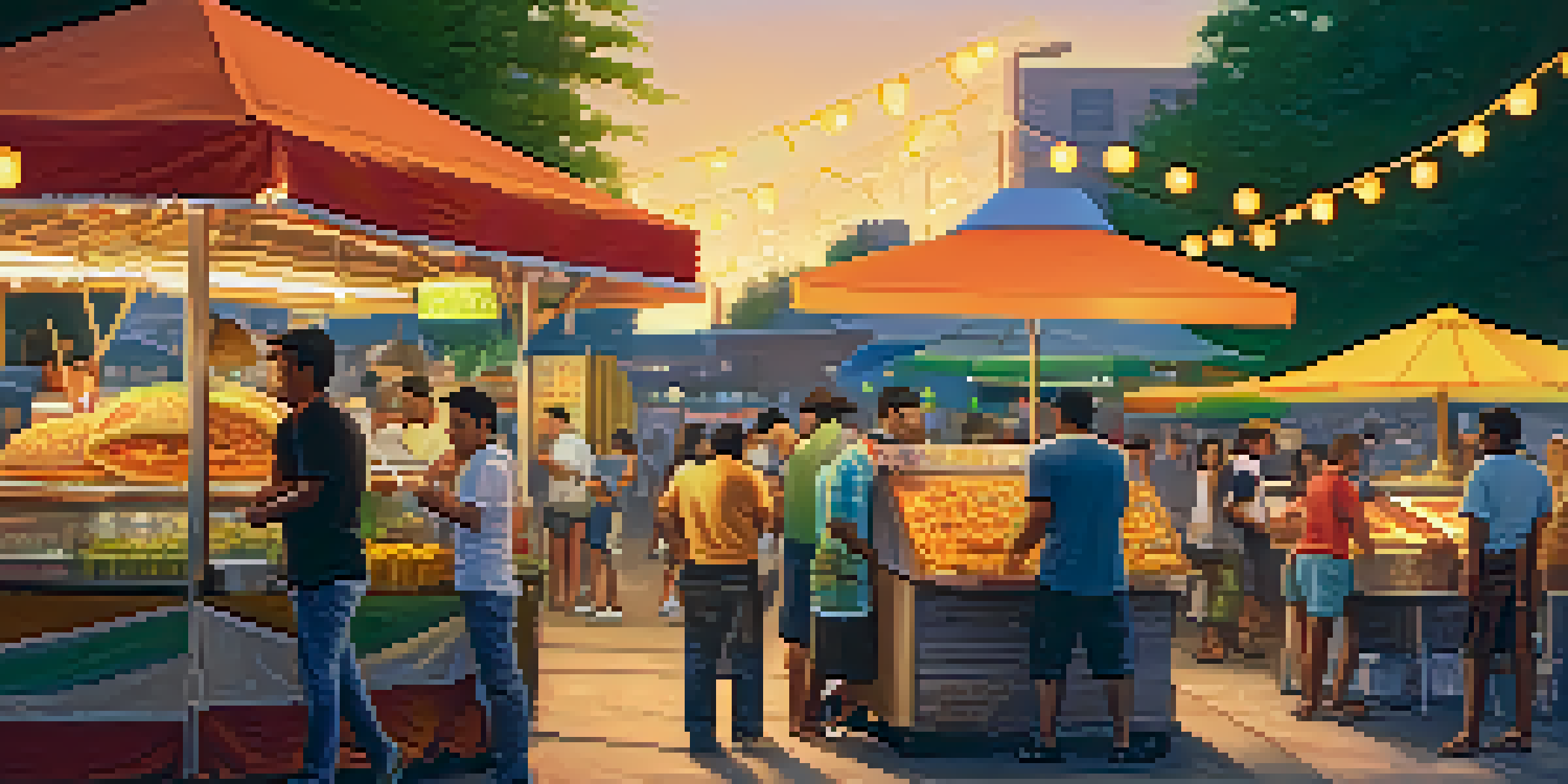 A lively street food market with taco stands, colorful ingredients, and people eating, illuminated by warm lights at dusk.