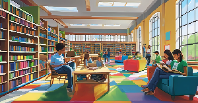 A bright and welcoming public library scene with bookshelves, reading areas, and people of different ages engaged in learning activities.