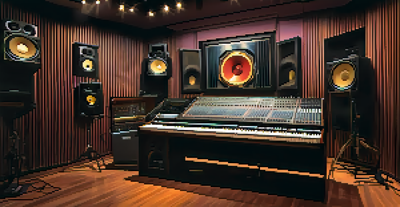 A modern recording studio in Los Angeles filled with sound equipment, microphones, and ambient lighting, decorated with artist posters.