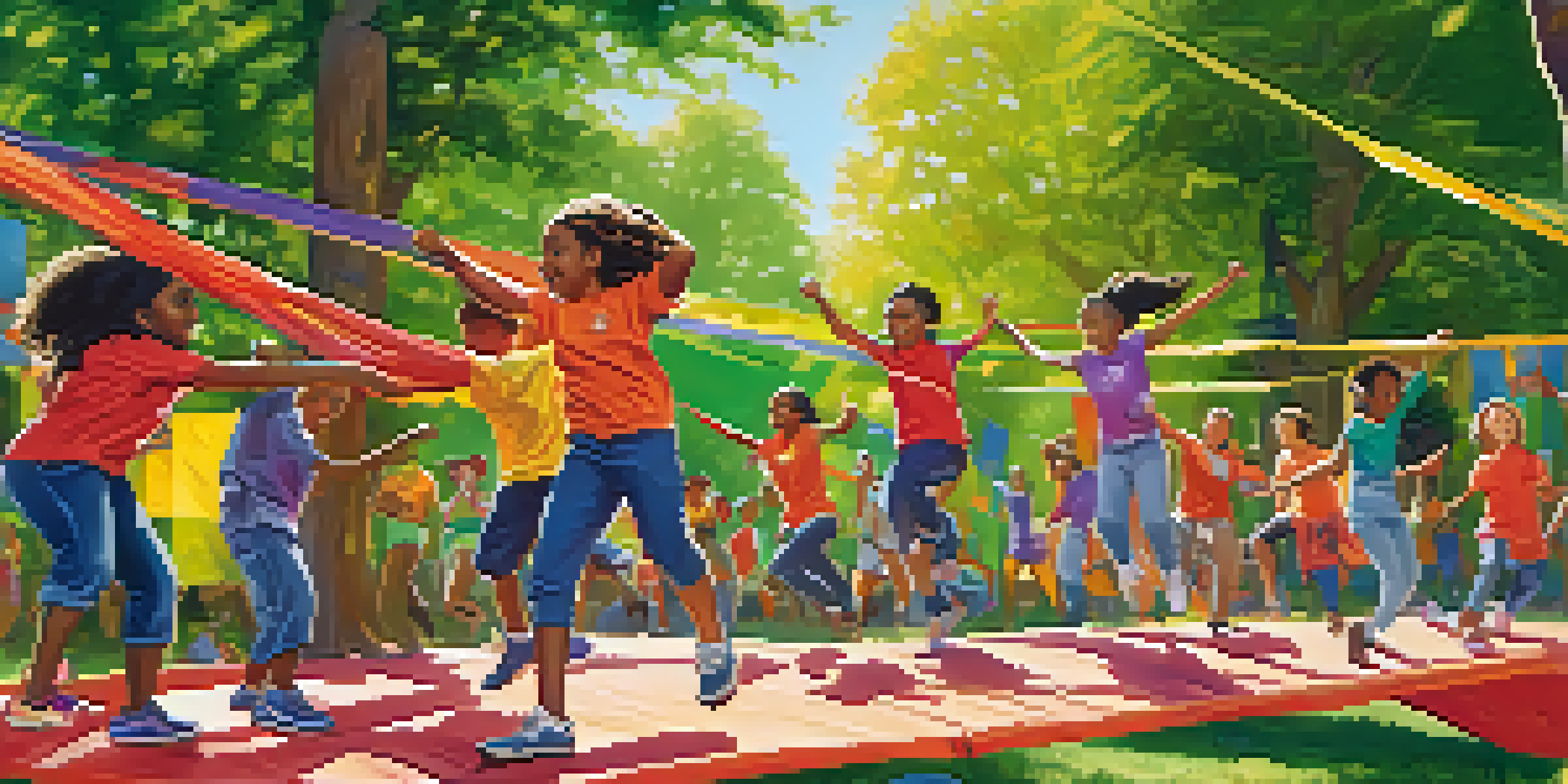 A diverse group of young people participating in a team-building obstacle course in a sunny outdoor setting, surrounded by greenery and colorful banners.