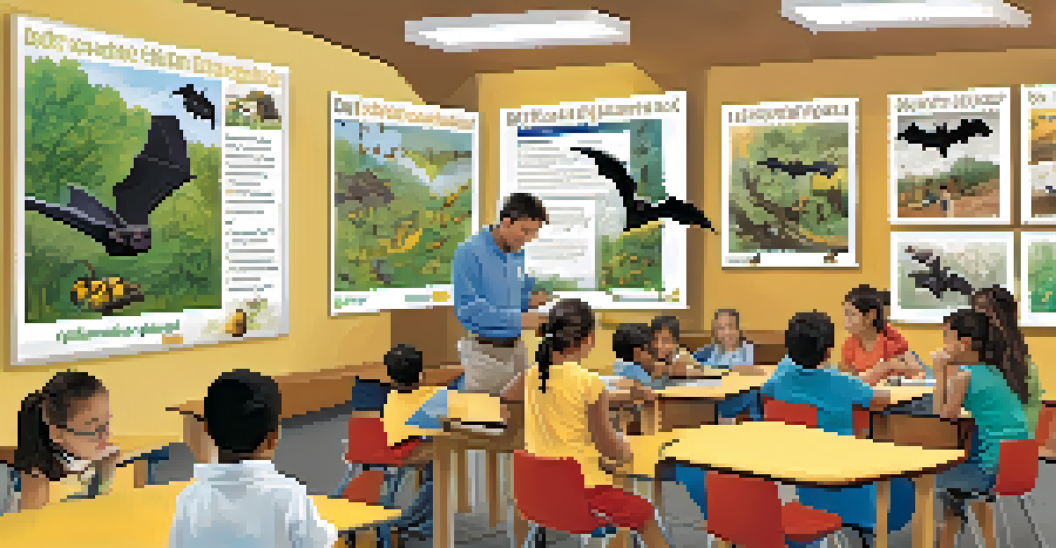 A community workshop with children learning about bats, surrounded by educational displays and posters.