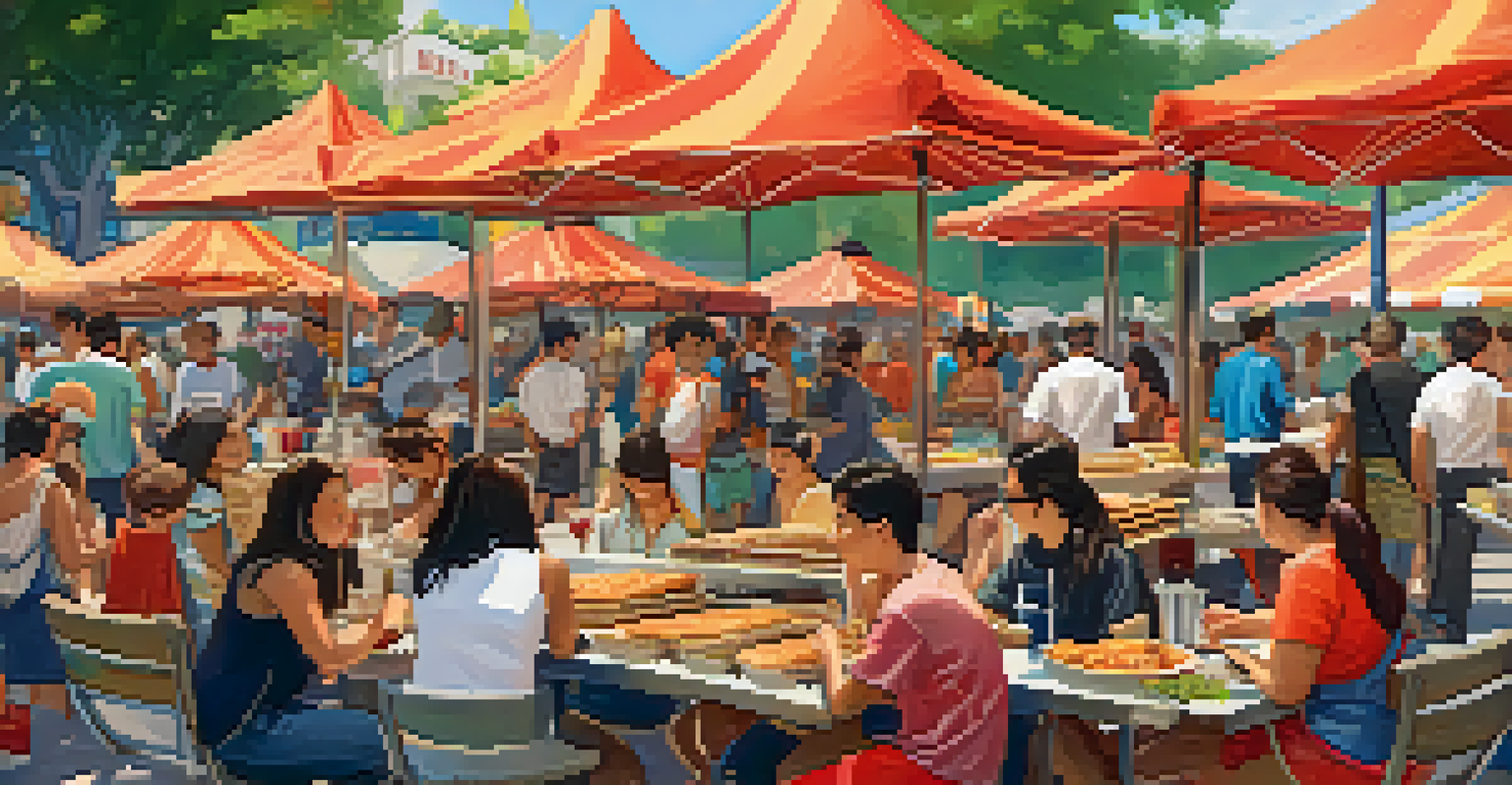 An outdoor food festival in a park with diverse street food stalls and people enjoying their meals.