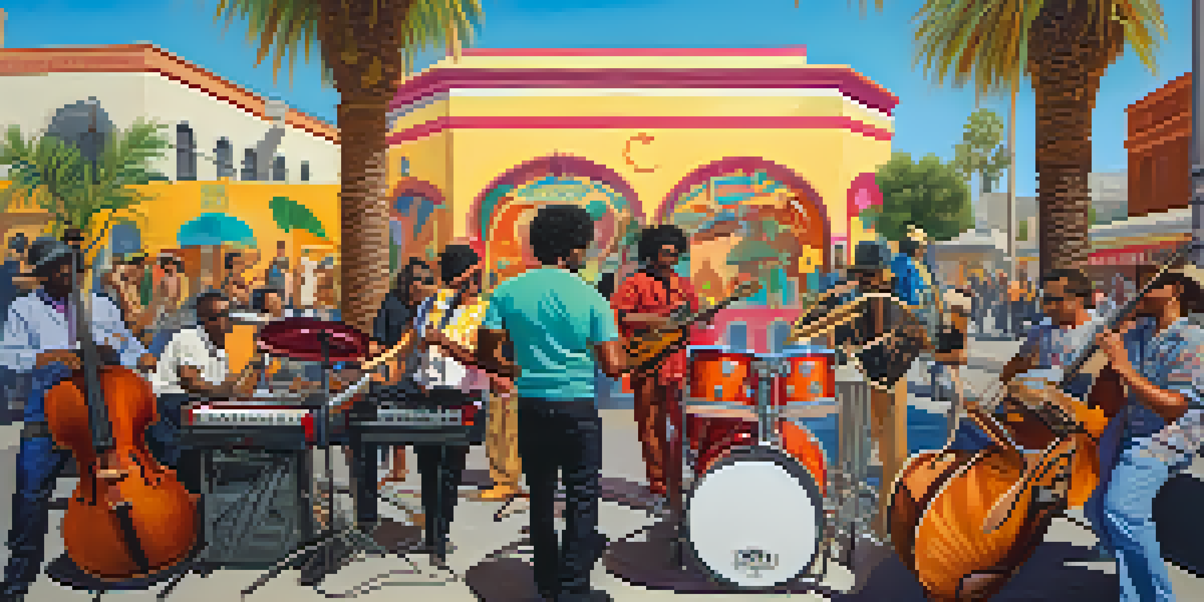 A lively outdoor performance in Los Angeles with diverse musicians playing instruments under sunny skies.