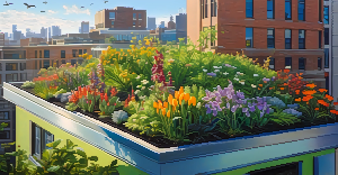 A green roof filled with colorful plants and flowers on a modern building, under a clear blue sky.