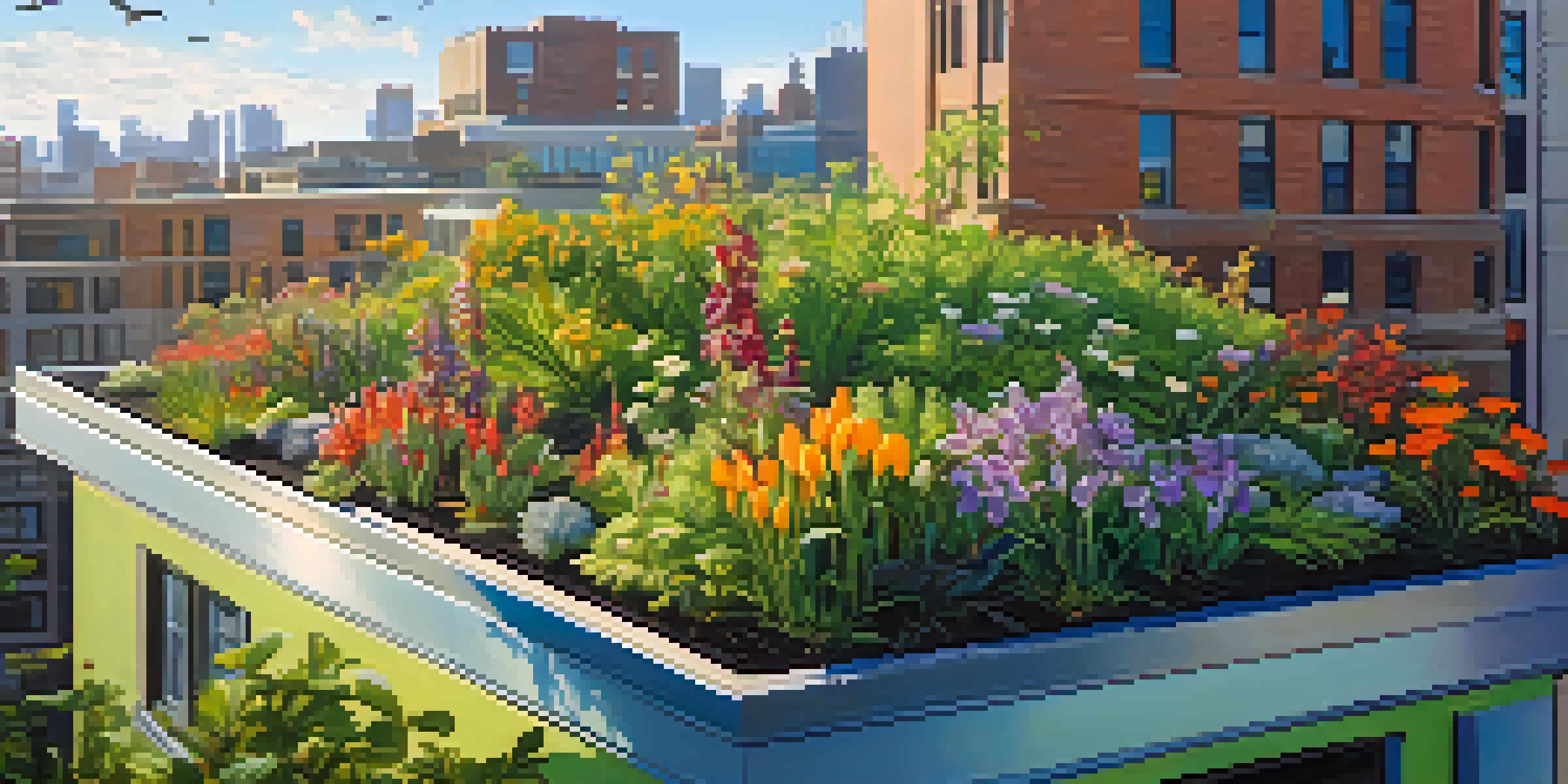 A green roof filled with colorful plants and flowers on a modern building, under a clear blue sky.
