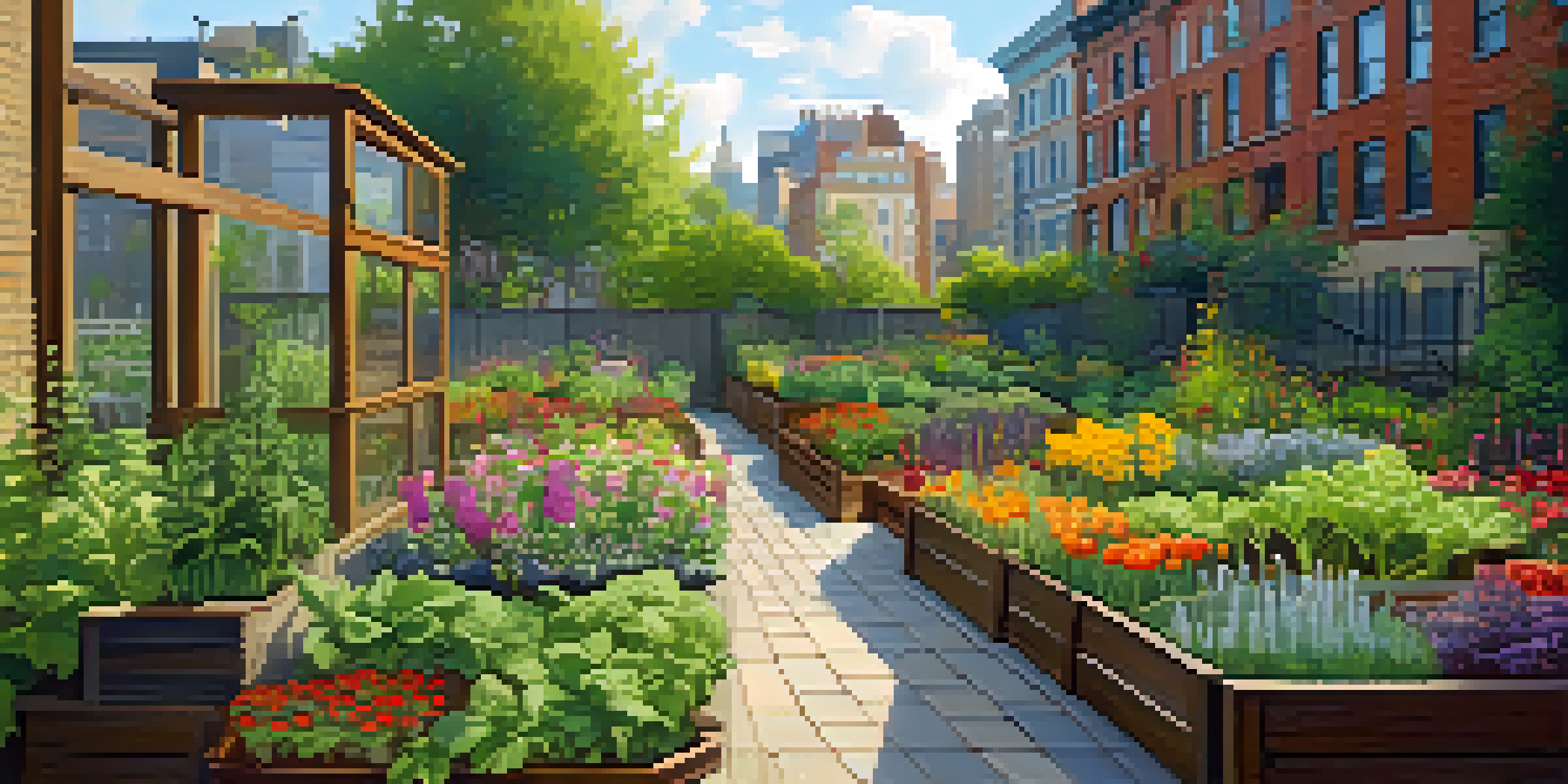 A vibrant urban garden with colorful flowers, herbs, and vegetables surrounded by city buildings, with sunlight filtering through the leaves.