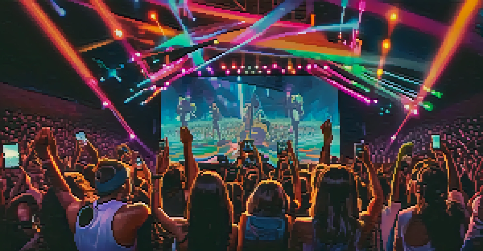A concert scene where fans are immersed in augmented reality, with bright stage lights and digital visuals enhancing the performance.