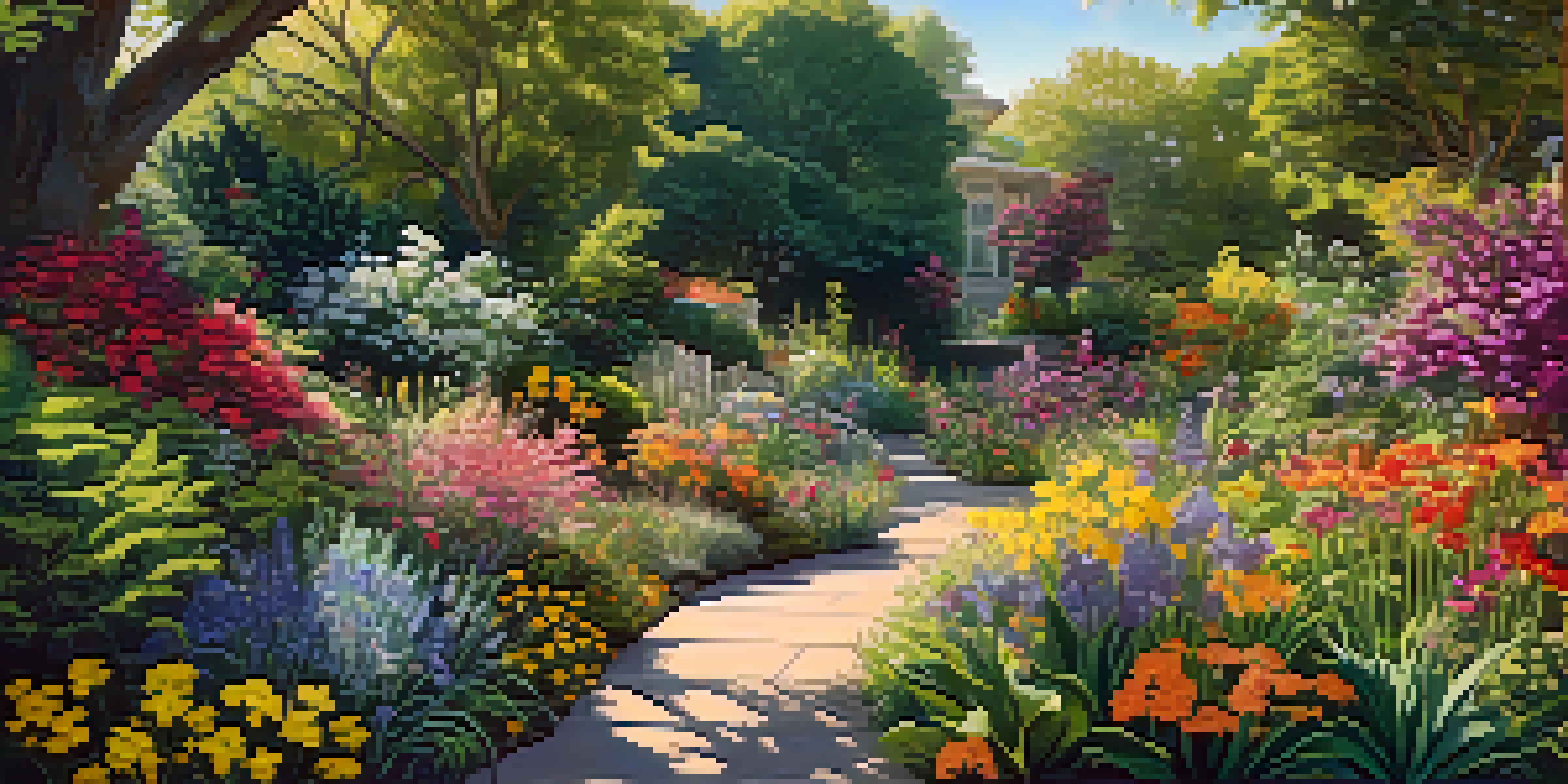 A colorful garden with diverse flowers and plants, bees and butterflies visible, enhanced by soft sunlight filtering through the leaves.