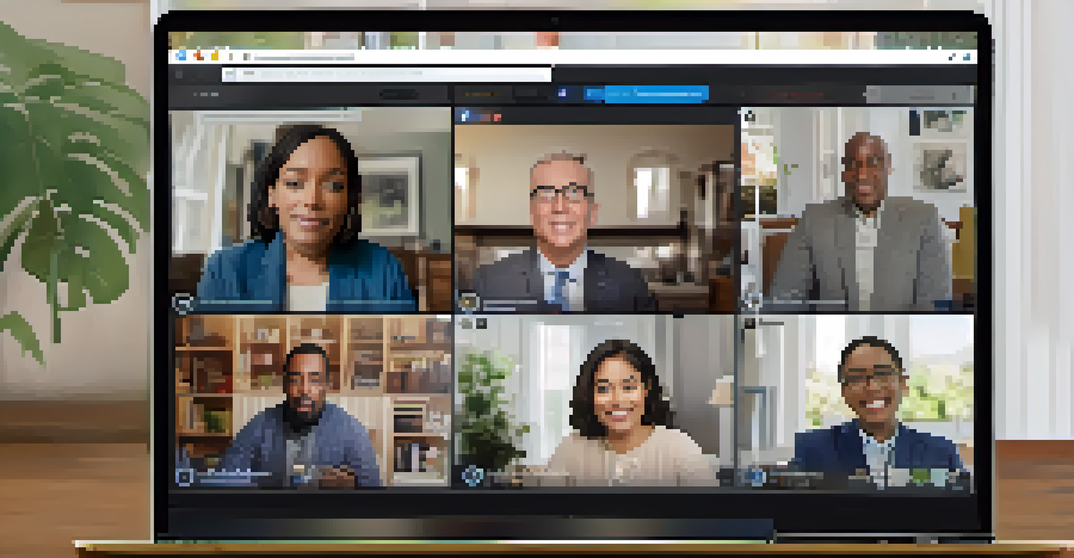 A laptop screen showing a virtual town hall meeting with diverse participants engaged in discussion from their homes.
