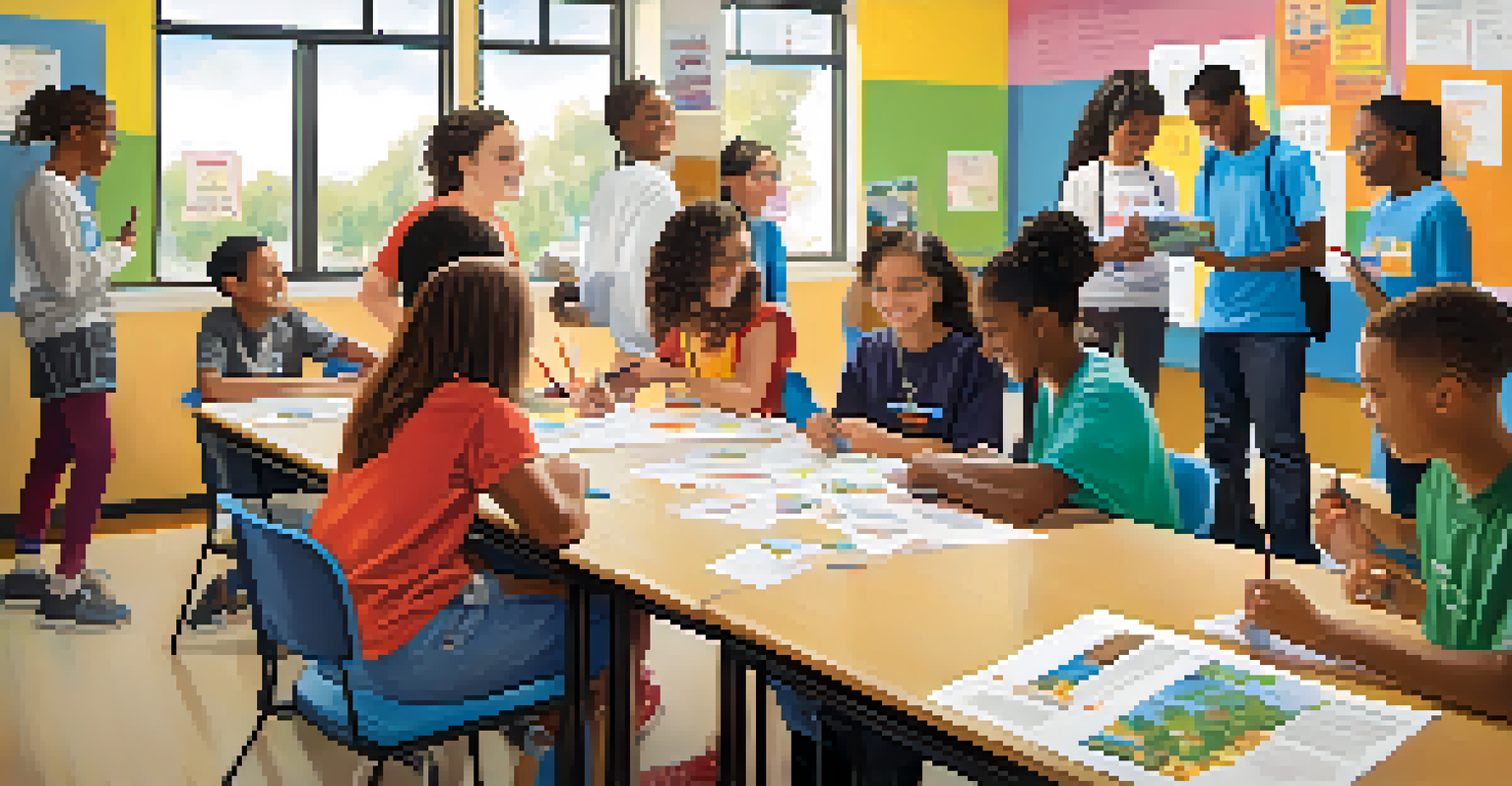 A diverse group of youth engaged in a mentorship program, showcasing teamwork and collaboration in a bright, inspiring classroom.