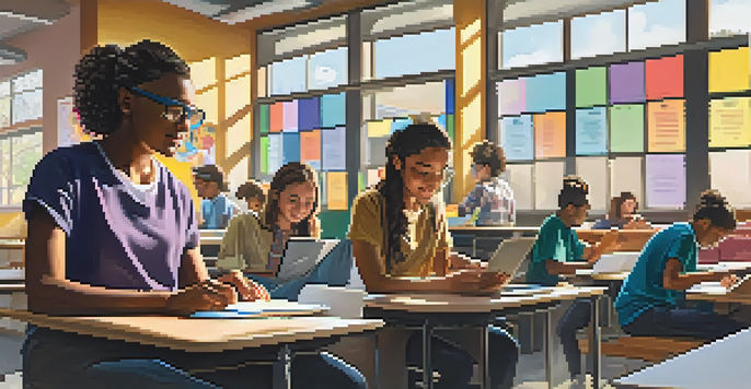 A diverse classroom in Los Angeles with students using tablets and a teacher assisting a student, all under bright sunlight.