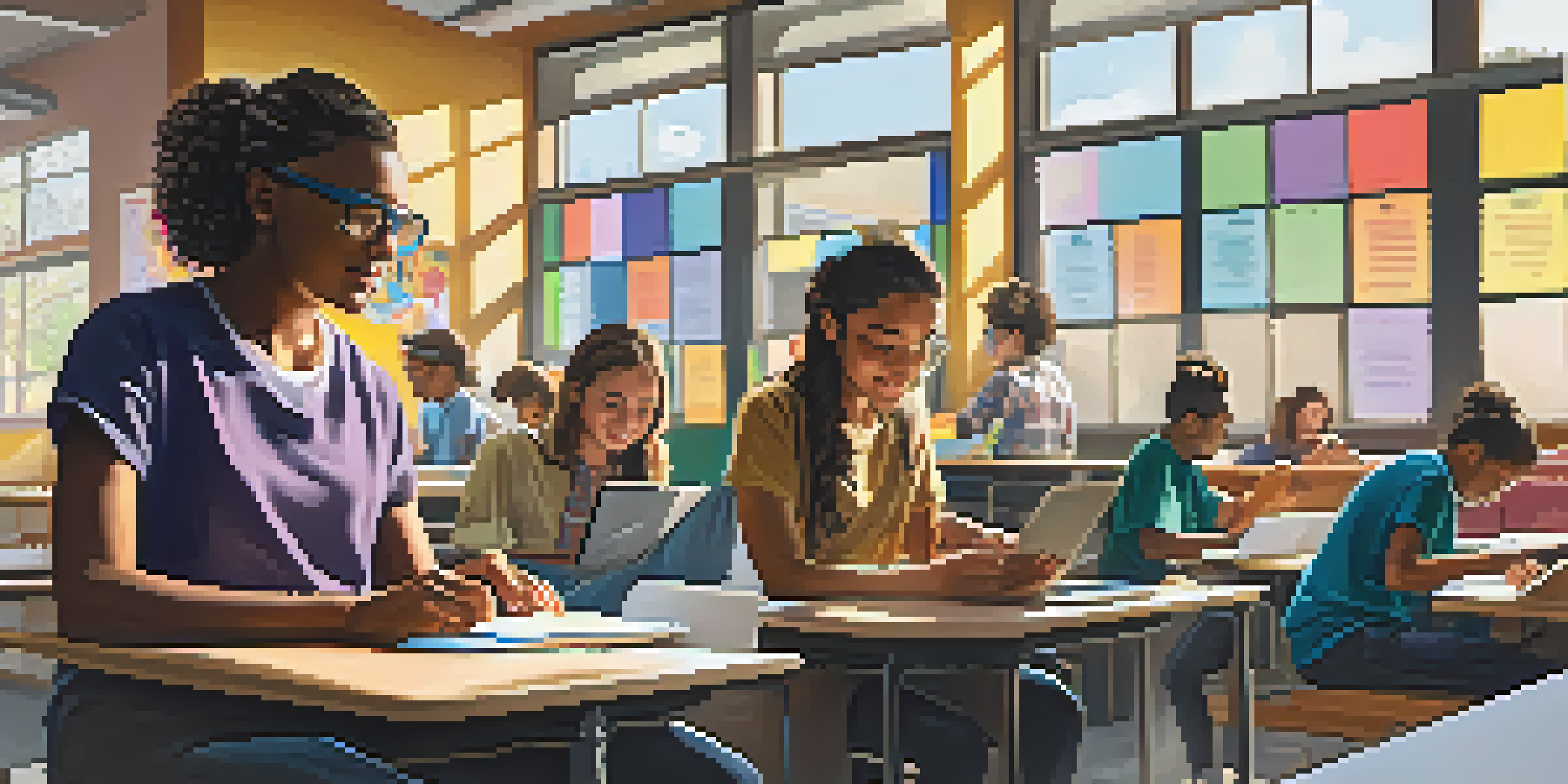 A diverse classroom in Los Angeles with students using tablets and a teacher assisting a student, all under bright sunlight.