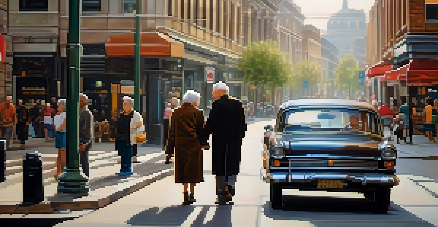An elderly couple holding hands on a busy street, surrounded by blurred city life, showing their intimate connection.