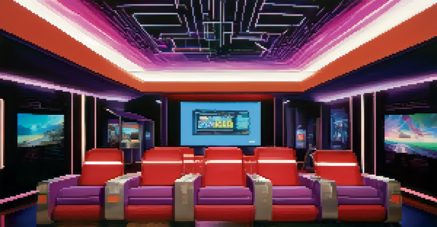 A modern futuristic cinema with advanced technology, virtual reality headsets, and a vibrant atmosphere showcasing film evolution.