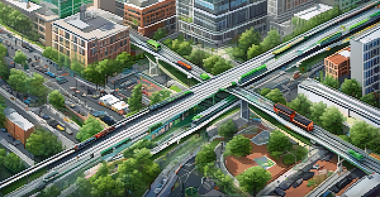 An aerial view of a smart city transit system showing buses, trains, and bikes with real-time updates and green spaces.