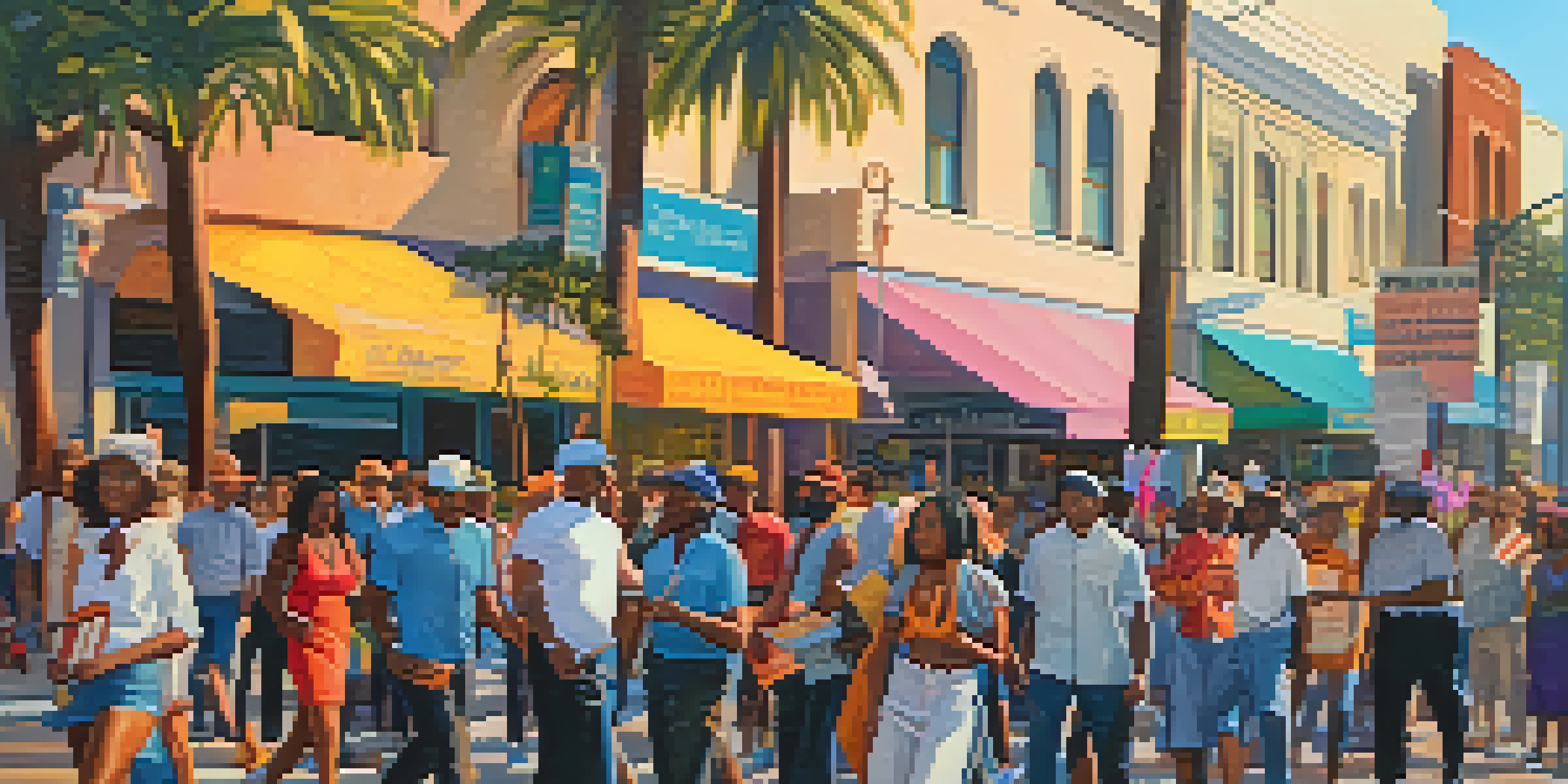 A diverse group of activists holding colorful signs in a Los Angeles street protest with palm trees and urban buildings in the background.