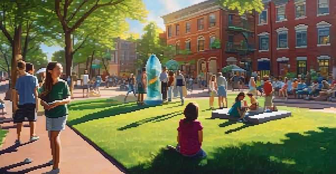 A lively public park with an interactive sculpture made from recycled materials, people engaging with the artwork, and a colorful mural depicting local history in the background.