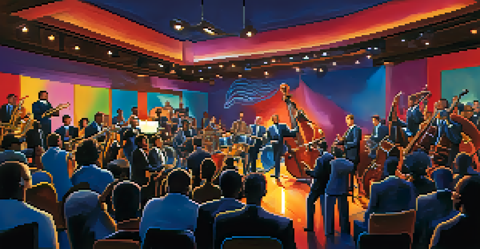 A modern jazz club with a live band performing and an excited audience, showcasing the vibrant atmosphere of The Blue Whale in Los Angeles.