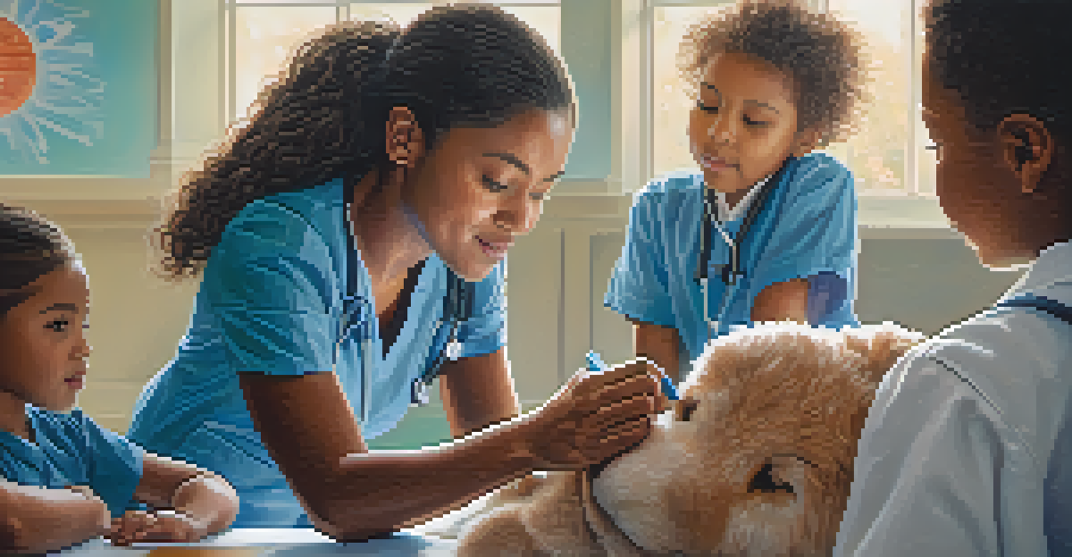 A healthcare worker administering a vaccine to a calm child in a school environment, with educational posters in the background.