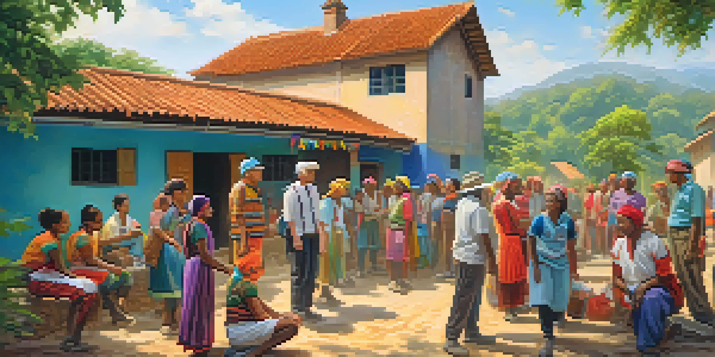 Diverse volunteers working together in a vibrant rural village, surrounded by traditional clothing and lush greenery, with sunlight filtering through the trees.