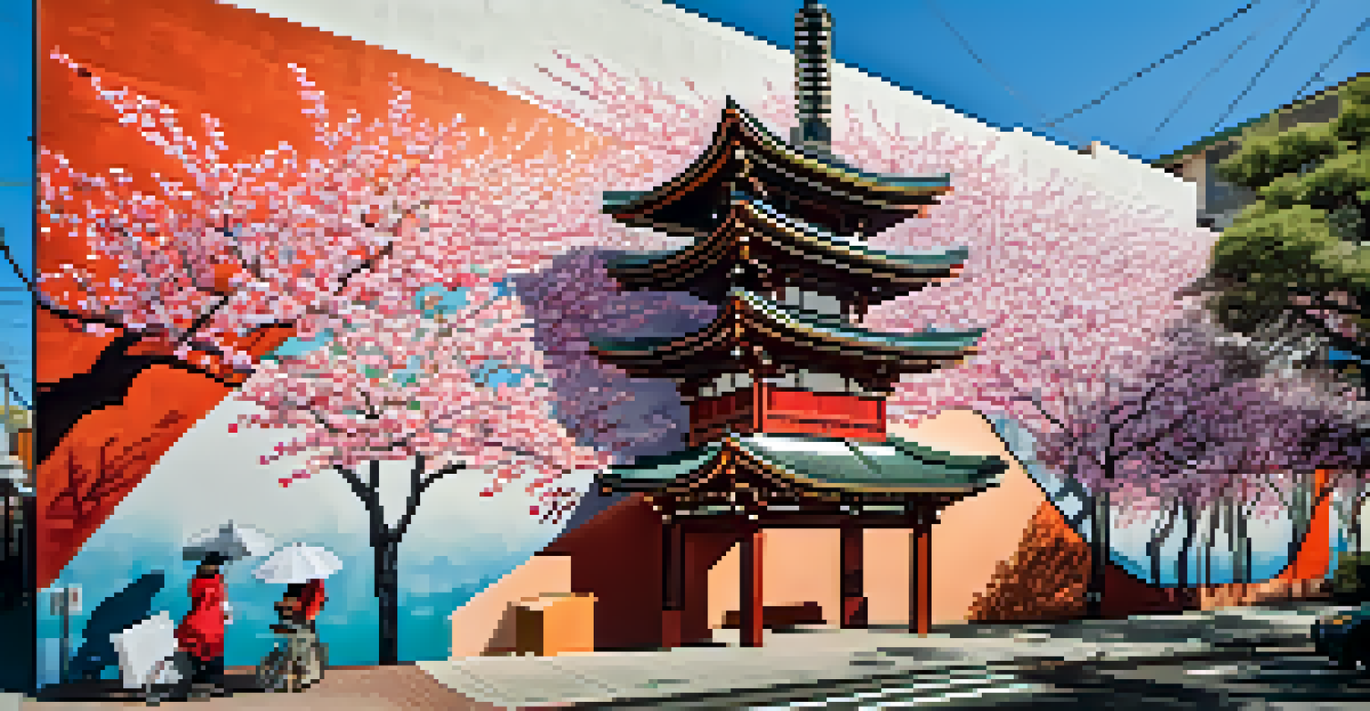 A colorful outdoor mural in Little Tokyo featuring cherry blossoms and koi fish, with intricate details and textures.