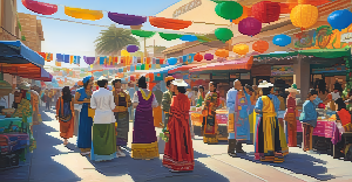 A lively street festival in Los Angeles with people in traditional attire, colorful banners, and food stalls representing various cultures.
