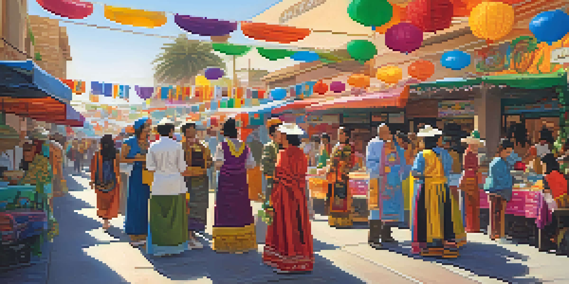 A lively street festival in Los Angeles with people in traditional attire, colorful banners, and food stalls representing various cultures.