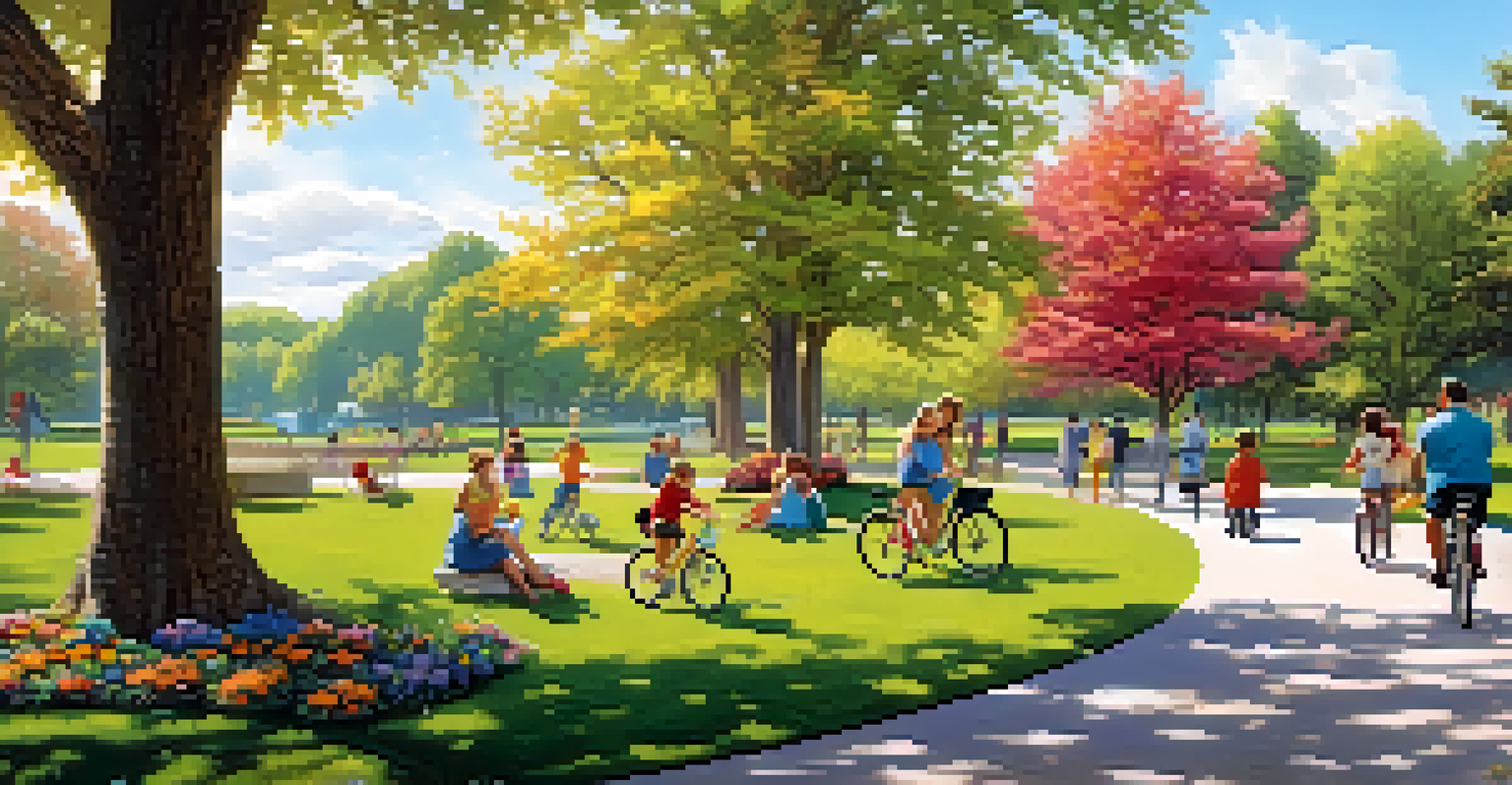 A park with families cycling and walking, surrounded by trees and colorful flowers under a sunny sky.