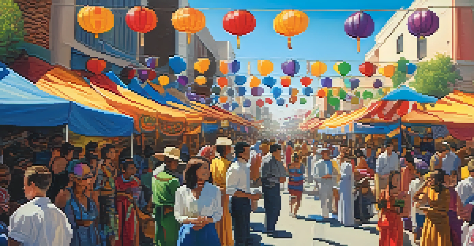 A lively street filled with people of various backgrounds celebrating a cultural festival, wearing colorful outfits, with food stalls and musicians performing.