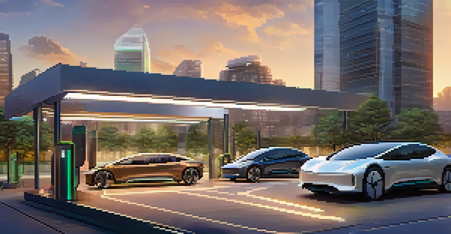 A modern city with electric vehicles charging at a sleek station, surrounded by skyscrapers and solar panels at dusk.