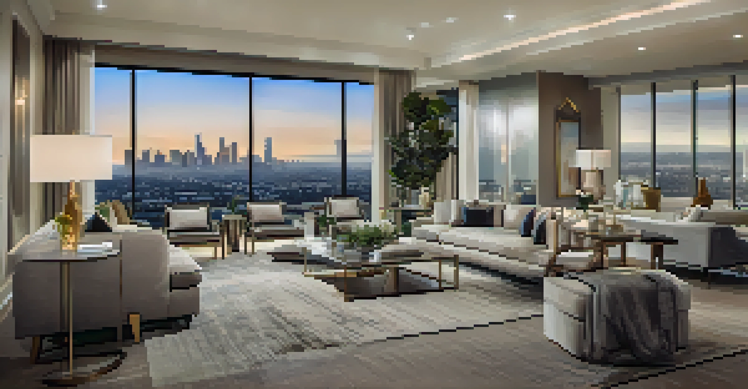 A luxurious condo interior with modern furniture and large windows overlooking the city skyline, softly lit for an elegant ambiance.