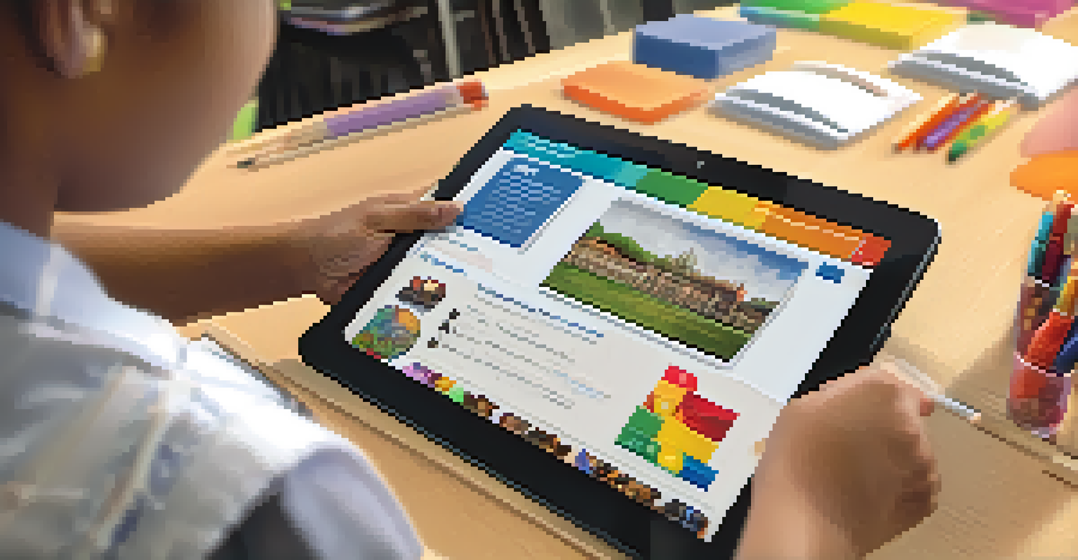 A teacher using a tablet to assist a student, with a colorful classroom backdrop highlighting cultural diversity and student success.