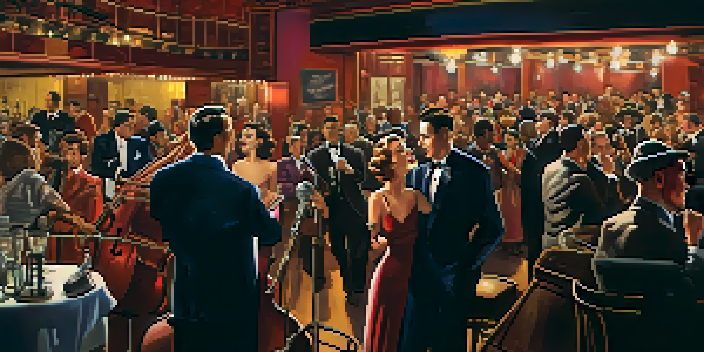 A historic jazz club with musicians performing on stage and patrons dancing, capturing the lively atmosphere of Los Angeles in the 1940s.