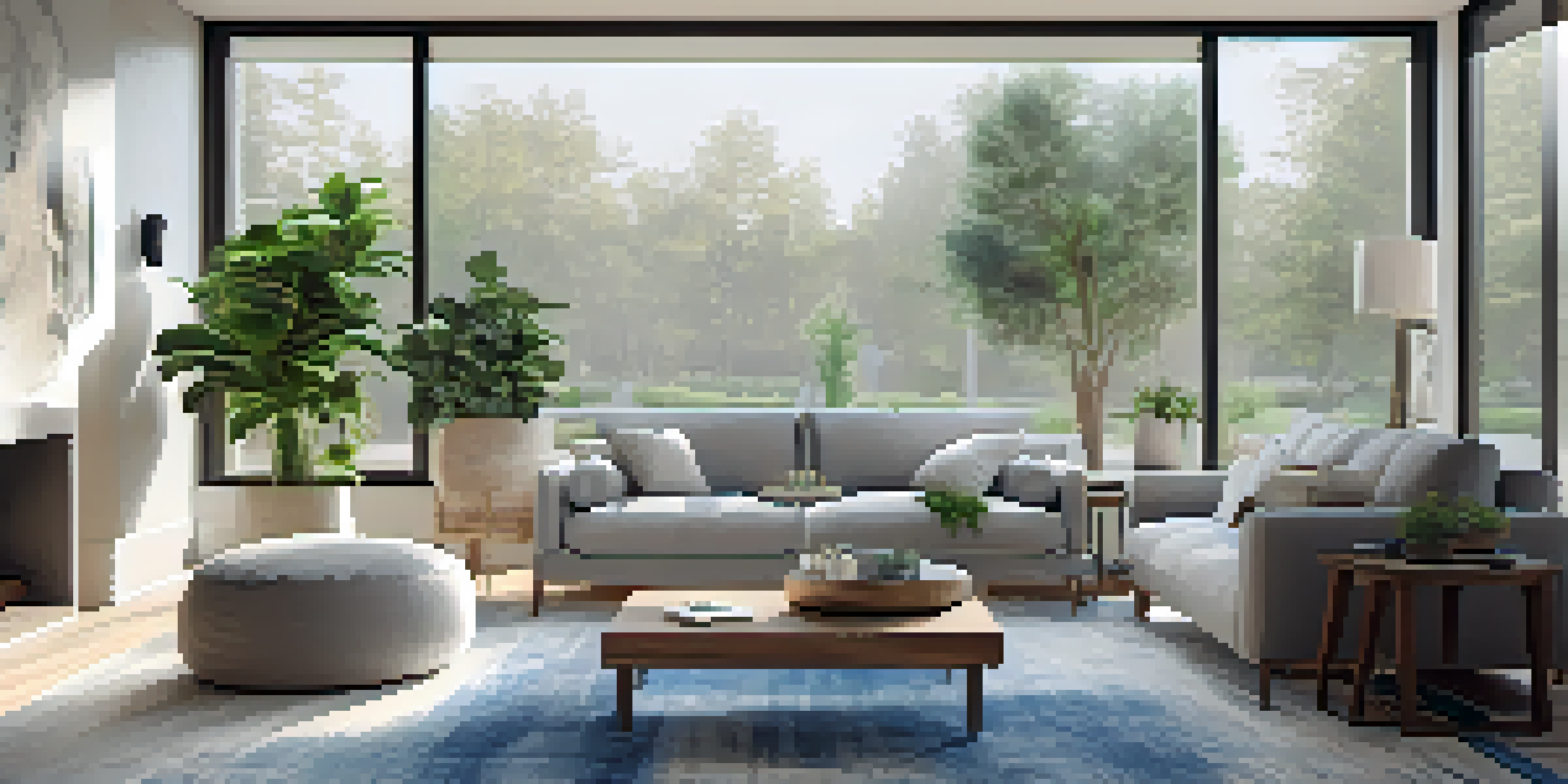 A modern minimalist living room with large windows, neutral colors, reclaimed wood furniture, and indoor plants for a serene ambiance.