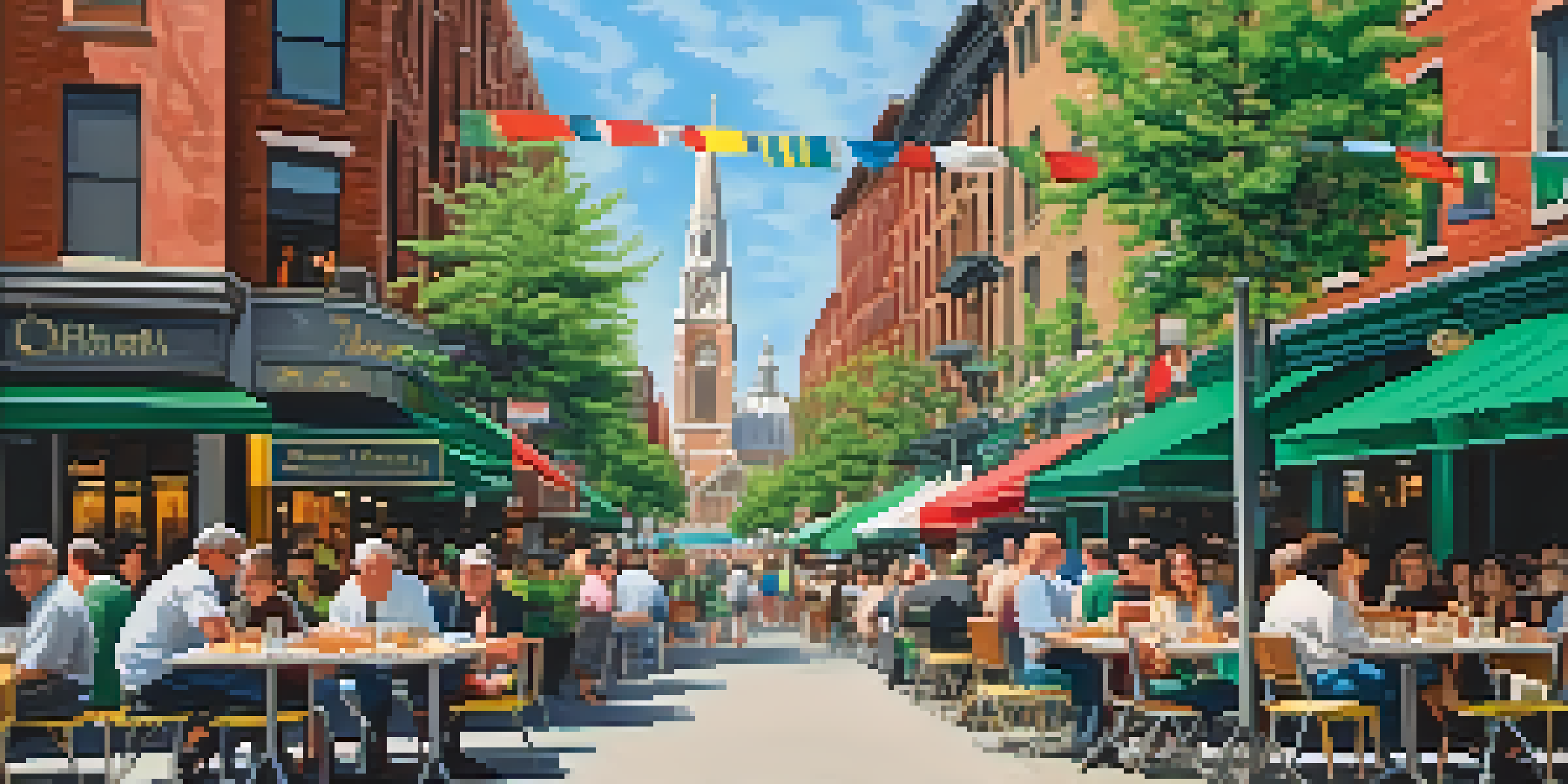 A lively street in Little Italy with outdoor cafes, colorful murals, and the St. Patrick's Old Cathedral in the background.